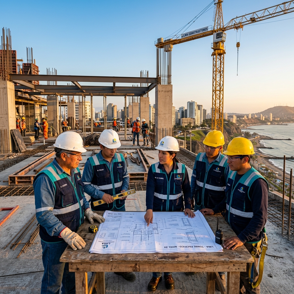 Equipo profesional de J&L Alegre en una construcción moderna en Lima